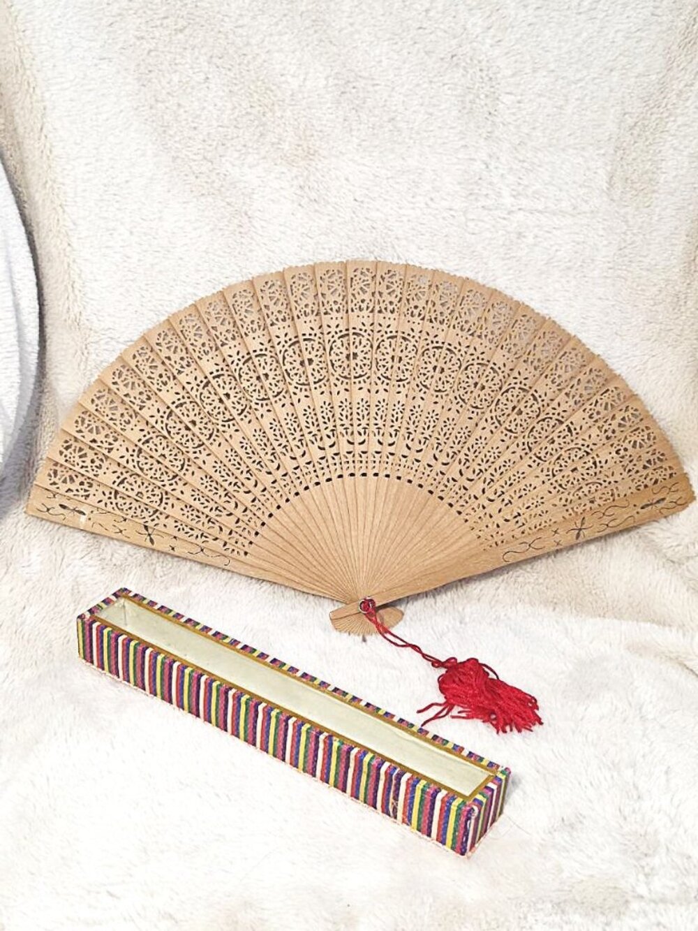 VINTAGE Japanese Hand Carved Bamboo Ornate Folding Fan w/Original box - #B20
